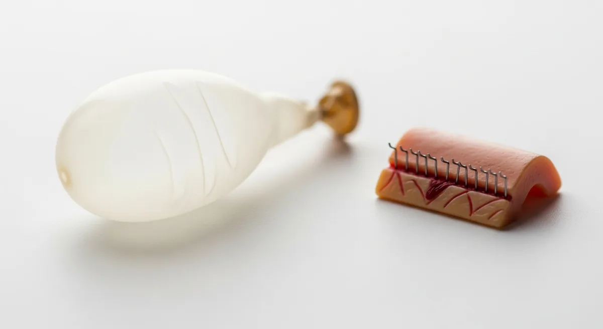 Comparison concept of a gastric balloon next to a sleeve gastrectomy model