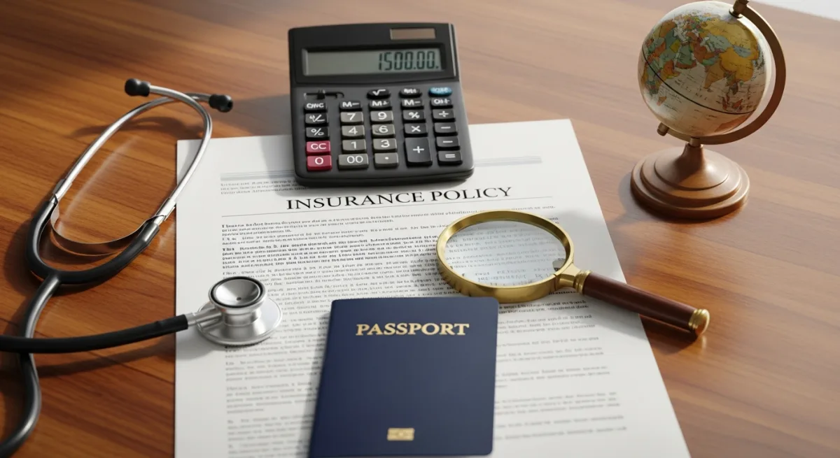 Insurance policy document with stethoscope, calculator and globe representing international medical insurance