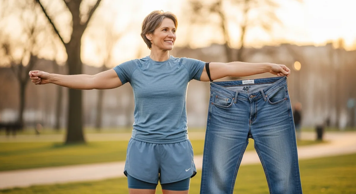Person showing dramatic weight loss holding old larger jeans outdoors