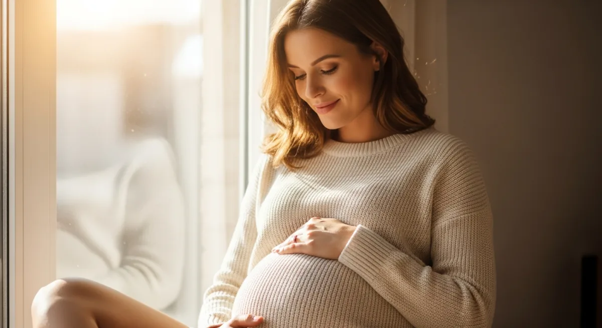 Pregnant woman in cream knitwear gently holding her belly near a bright window