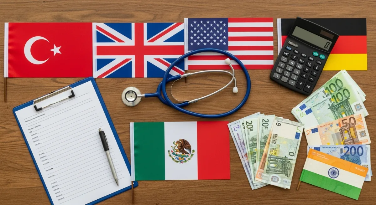 Multiple country flags with stethoscope and currency notes representing global bariatric surgery comparison