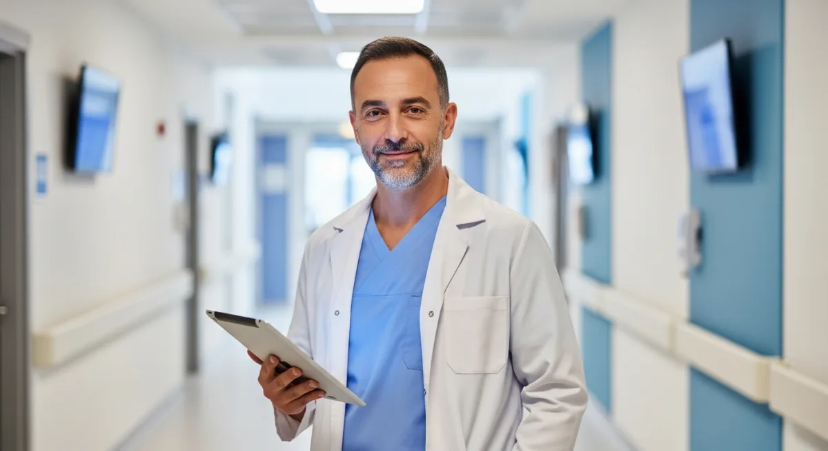 Confident bariatric surgeon in scrubs and white coat at a modern Istanbul hospital