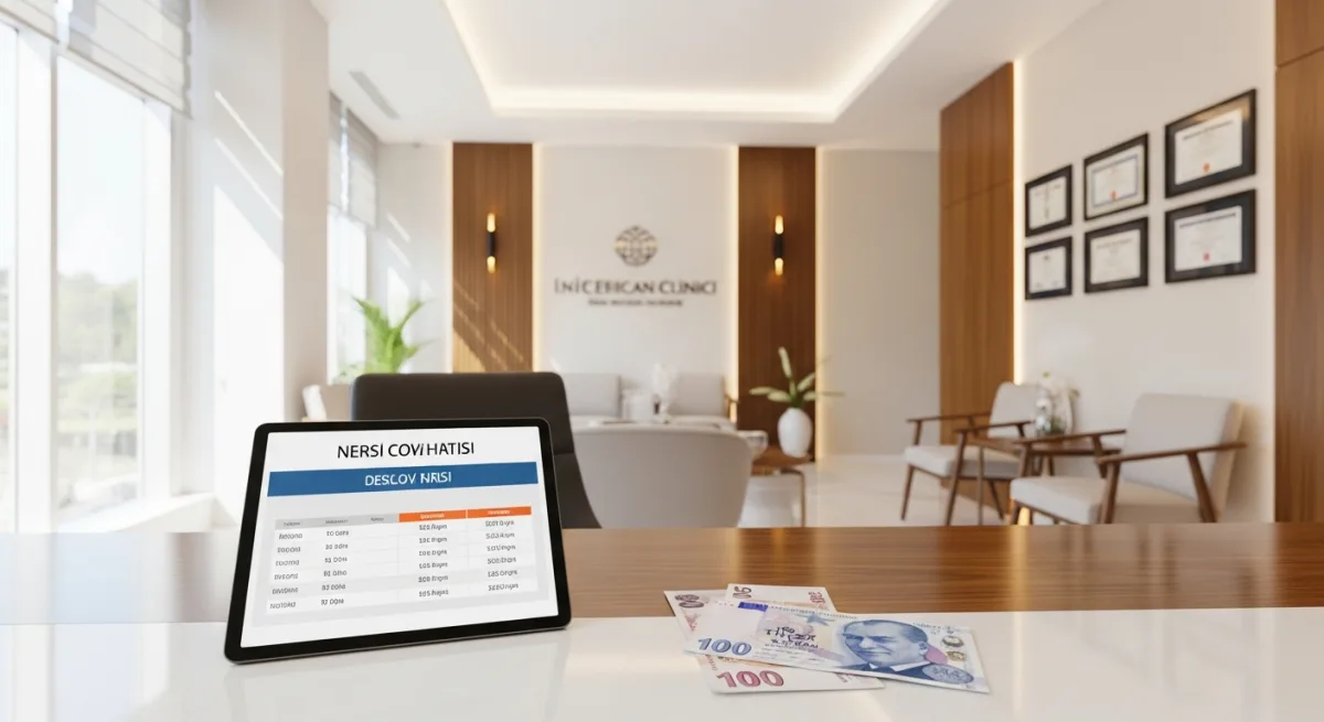 Modern Istanbul medical clinic reception with price comparison tablet