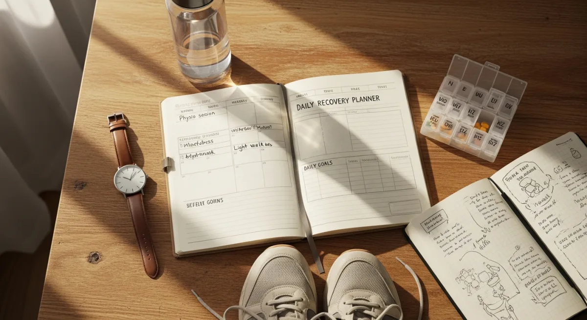 Daily recovery planner with calendar, vitamins, water bottle and walking shoes