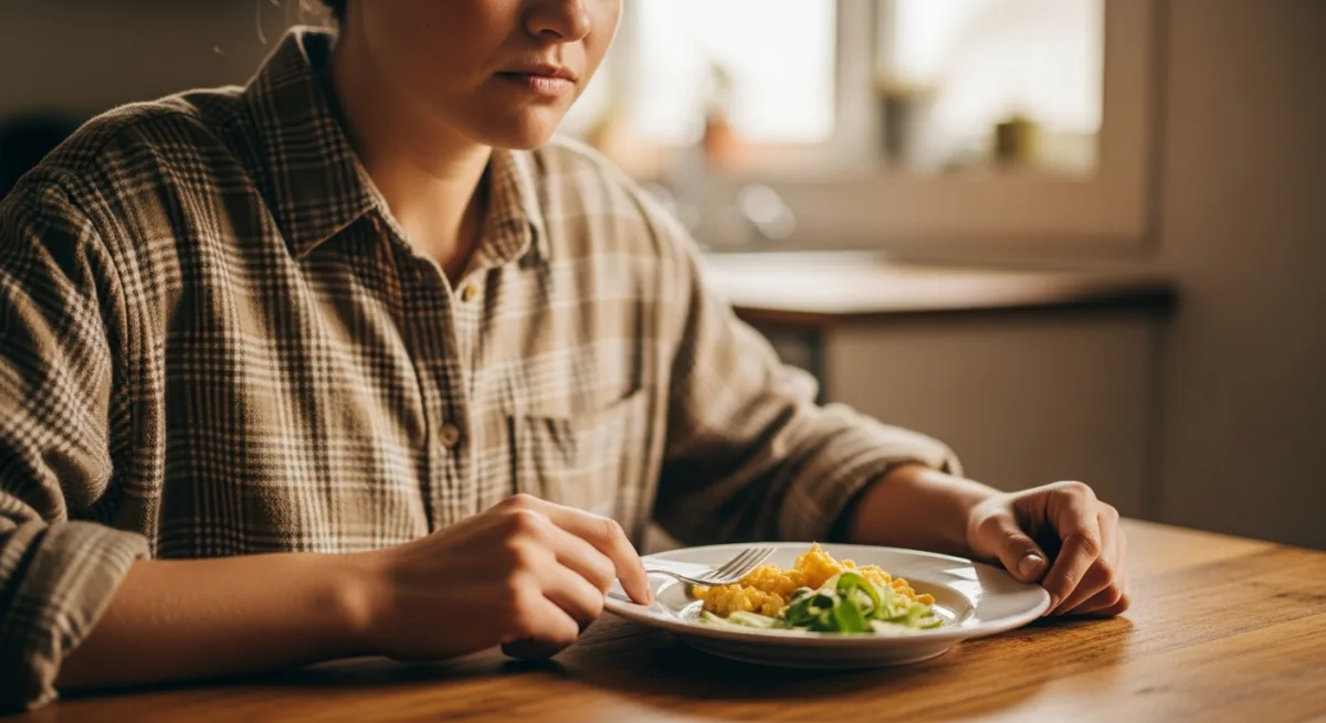Person sitting at a kitchen table looking thoughtfully at a small plate of food
