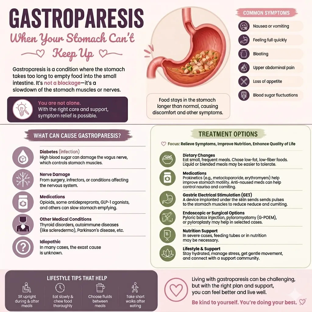 Gastroparesis infographic showing delayed stomach emptying, common symptoms, causes and treatment options