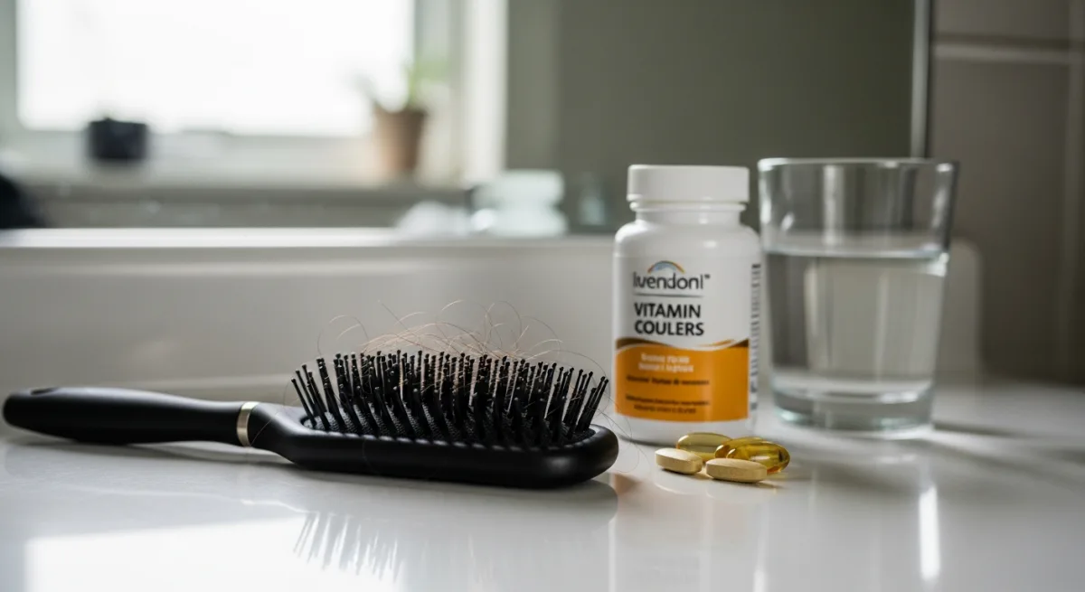 Hairbrush on a bathroom counter next to vitamins and a glass of water