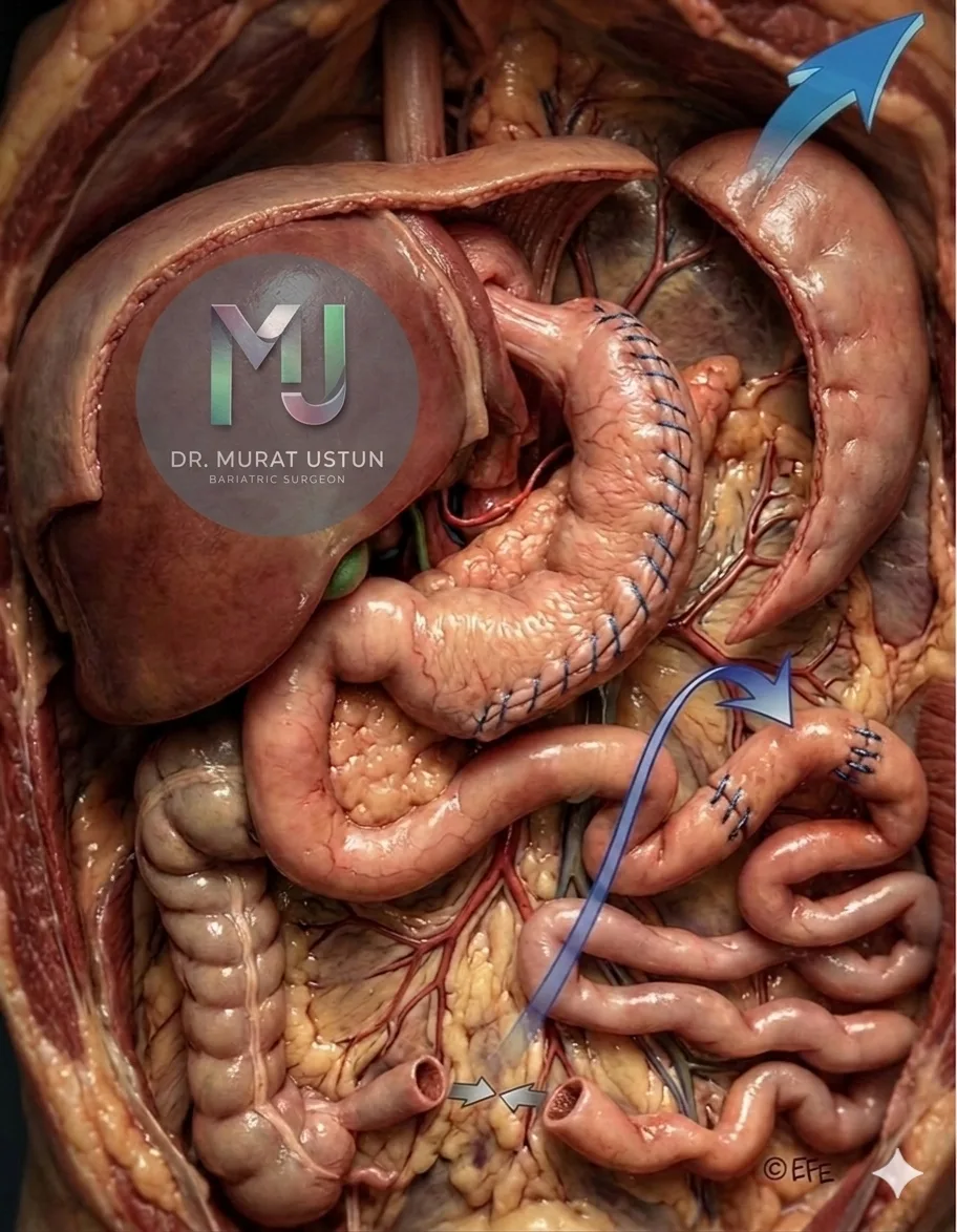 Surgical illustration of diverted sleeve gastrectomy with ileal transposition (DSIT) showing the transposed ileal segment and flow of digestion — by Dr. Murat Ustun