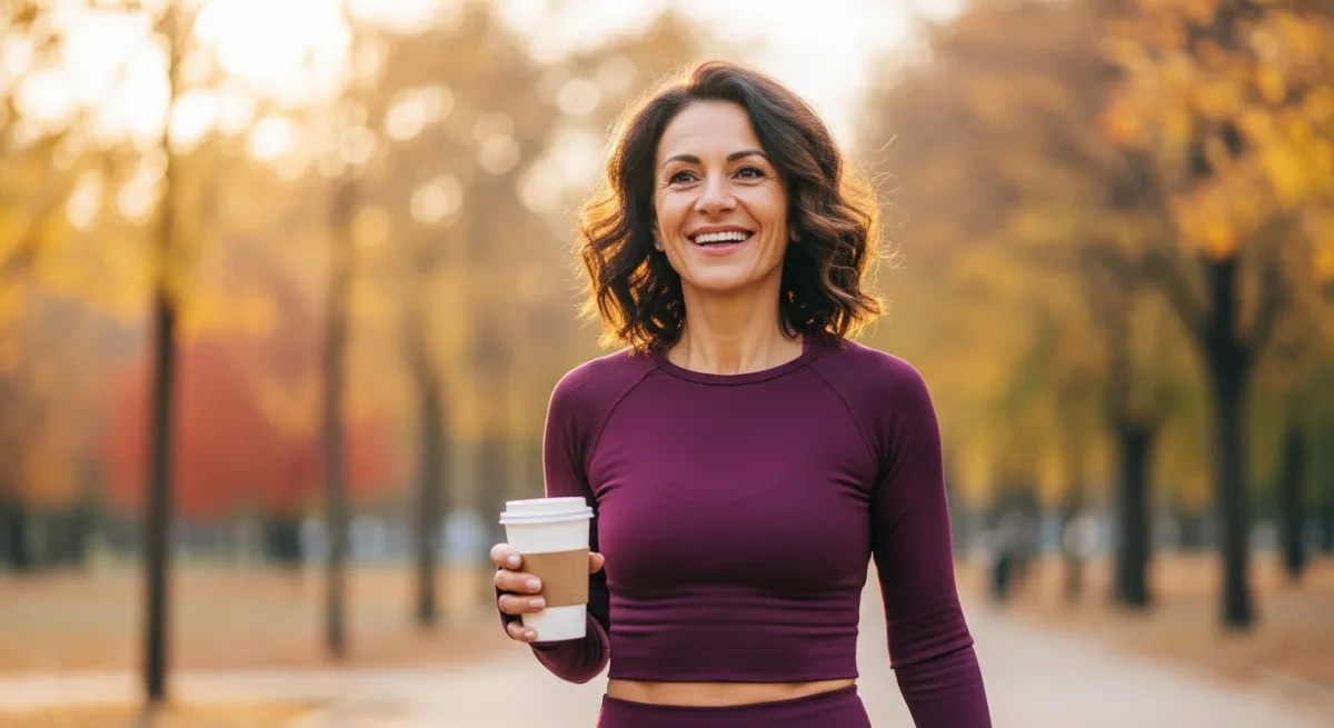 Confident woman walking happily in a city park after weight loss surgery