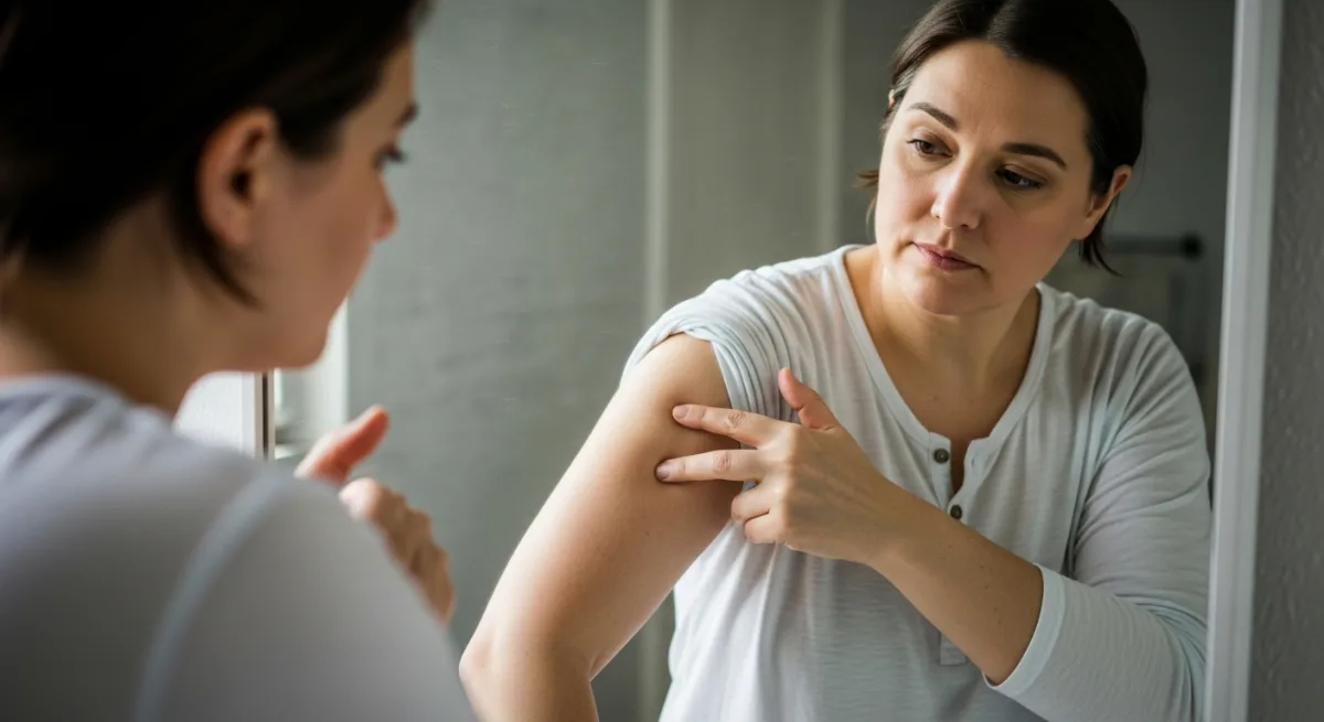 Person looking thoughtfully in a mirror after significant weight loss, gently touching loose skin on their upper arm