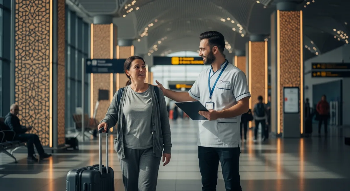 International medical tourist arriving at Istanbul Airport greeted by a patient host