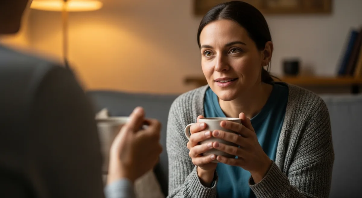 Person on a sofa during a counselling session, holding a cup of tea and listening empathetically