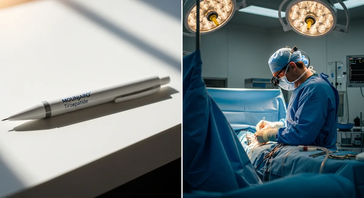 Mounjaro injection pen alongside a modern bariatric surgery operating room