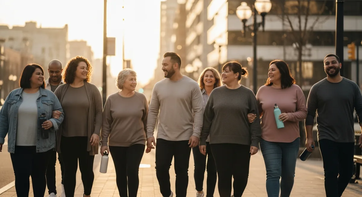 Diverse group of adults walking together on a city sidewalk, representing the daily lived experience of weight and community