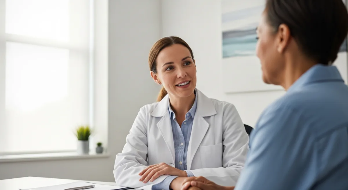 Doctor in a bright clinic having a supportive conversation with a patient about weight management