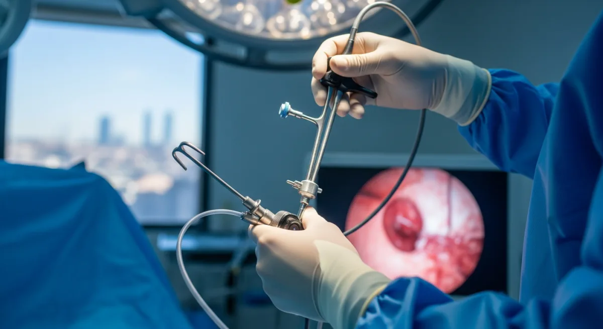 Surgeon's gloved hands holding a small surgical instrument in a modern Istanbul operating room