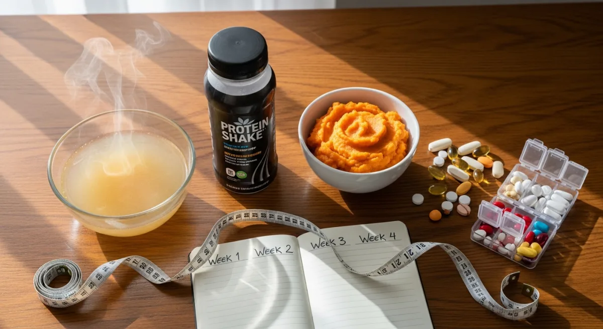 Weekly recovery items after gastric sleeve including broth, protein shake, soft food and vitamins