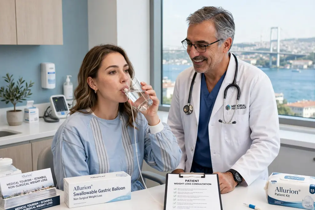 Patient swallowing the Allurion gastric balloon capsule under clinical supervision