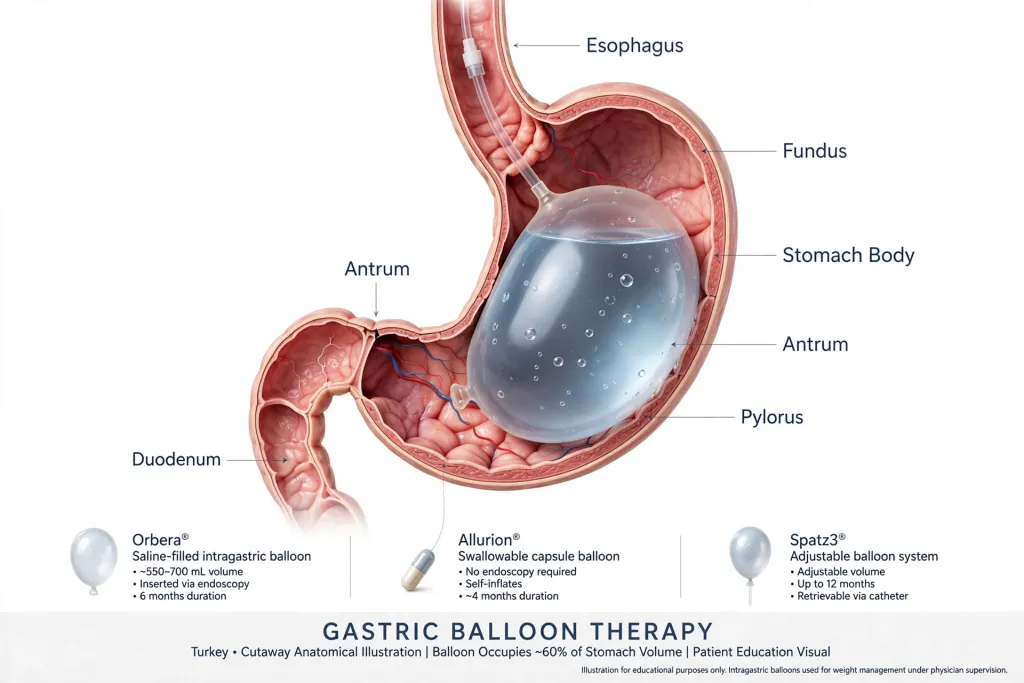 Labelled cutaway diagram showing a gastric balloon inside the stomach