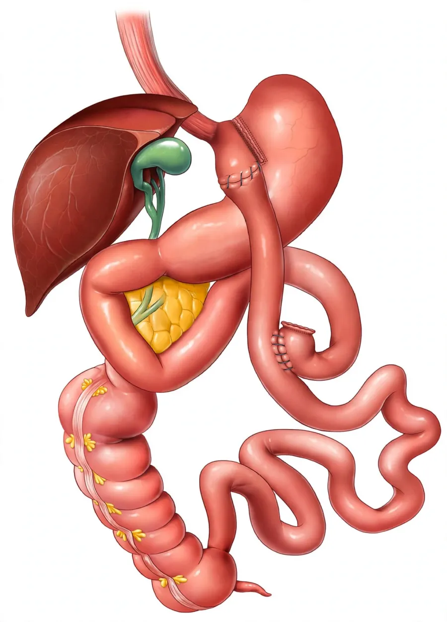 Anatomical diagram showing the small stomach pouch, Roux limb and Y-shaped intestinal joins after gastric bypass