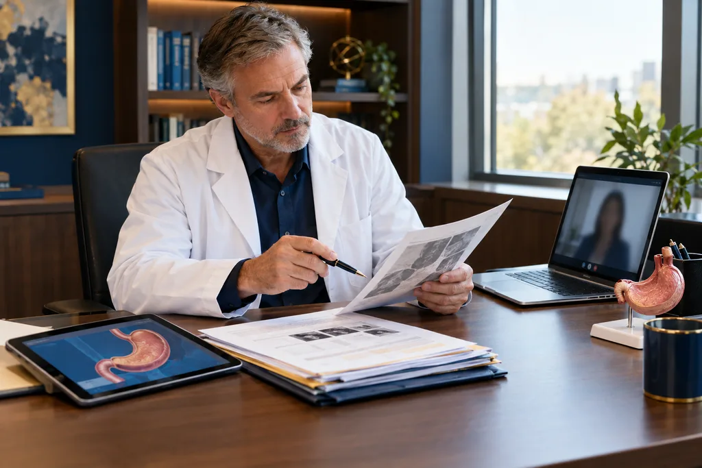 Illustrative: surgeon reviewing previous operation records and imaging