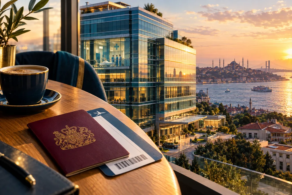 UK passport and boarding pass overlooking an Istanbul hospital