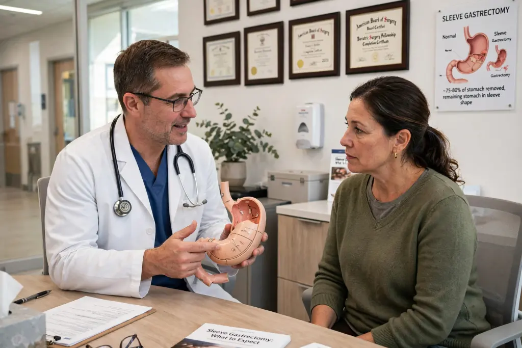 Bariatric surgeon discussing gastric sleeve candidacy during a consultation