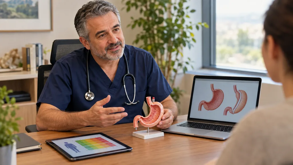 Patient discussing bariatric treatment choices with a surgeon during consultation
