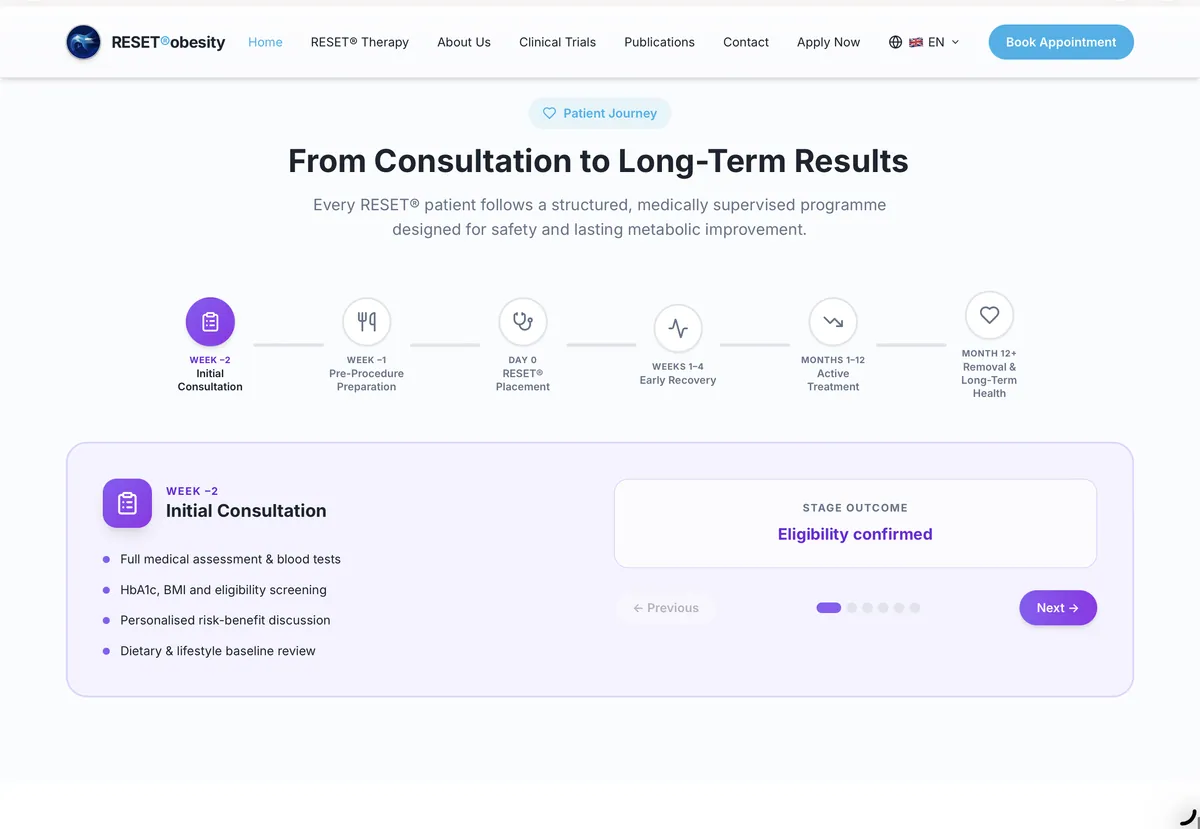 Supplied RESET treatment journey reference showing the initial consultation stage